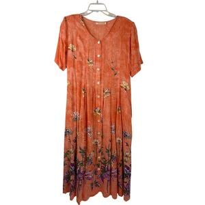 LA CERA Orange Floral Button Front Midi Dress Boho Cottagecore Size L
